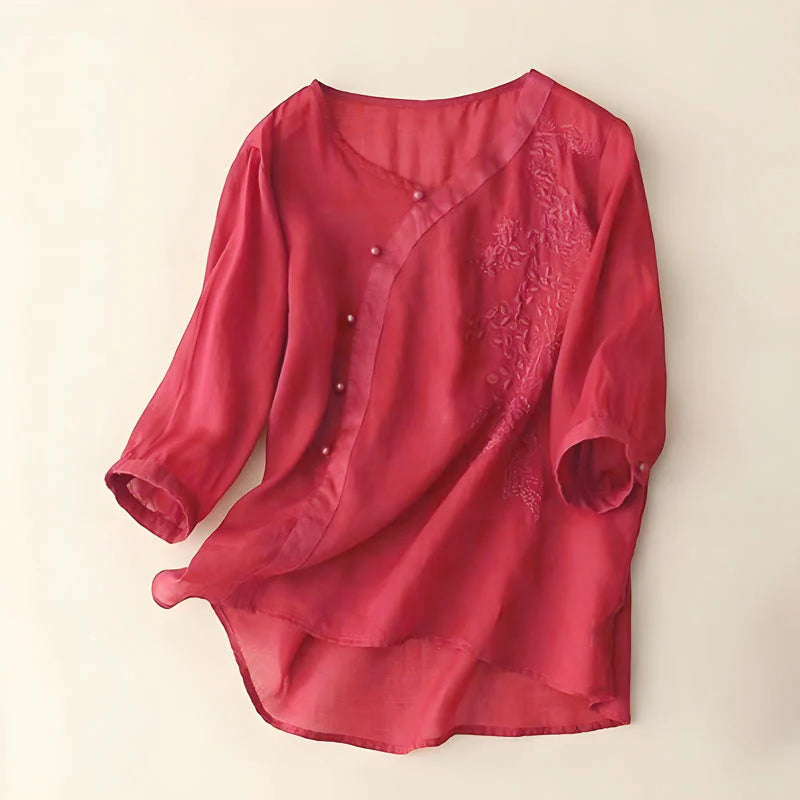 Buddha Stones Casual Loose Flower Embroidery Frog Button Short Sleeve Women's Shirt