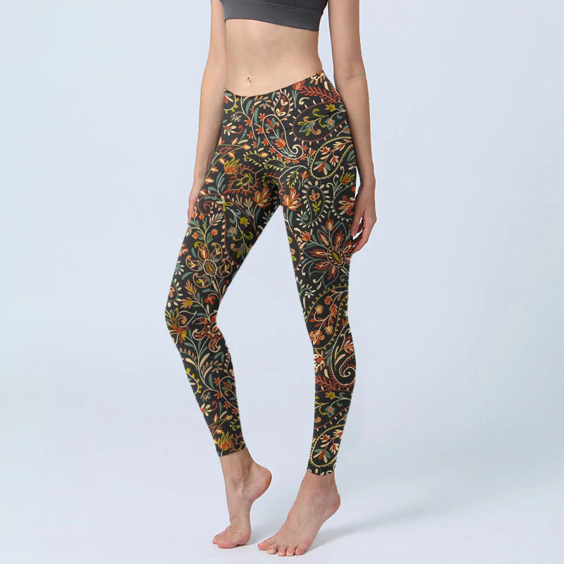 Buddha Stones Intricate Flower Leaf Pattern Print Gym Leggings Women's Yoga Pants