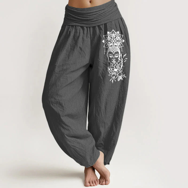 Buddha Stones Pure Cotton Simple Buddha Image Lotus Pattern Women's Elastic Waist Harem Pants