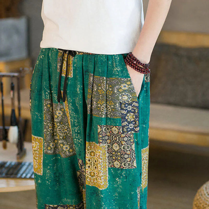 Buddha Stones Summer Square Patchwork Cotton Linen Men's Ankle-Length Harem Pants With Pockets