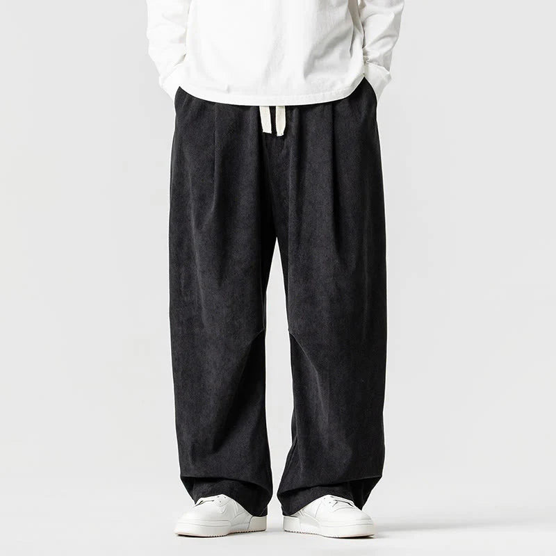 Buddha Stones Winter Drawstring Corduroy Cotton Men's Wide Leg Pants With Pockets