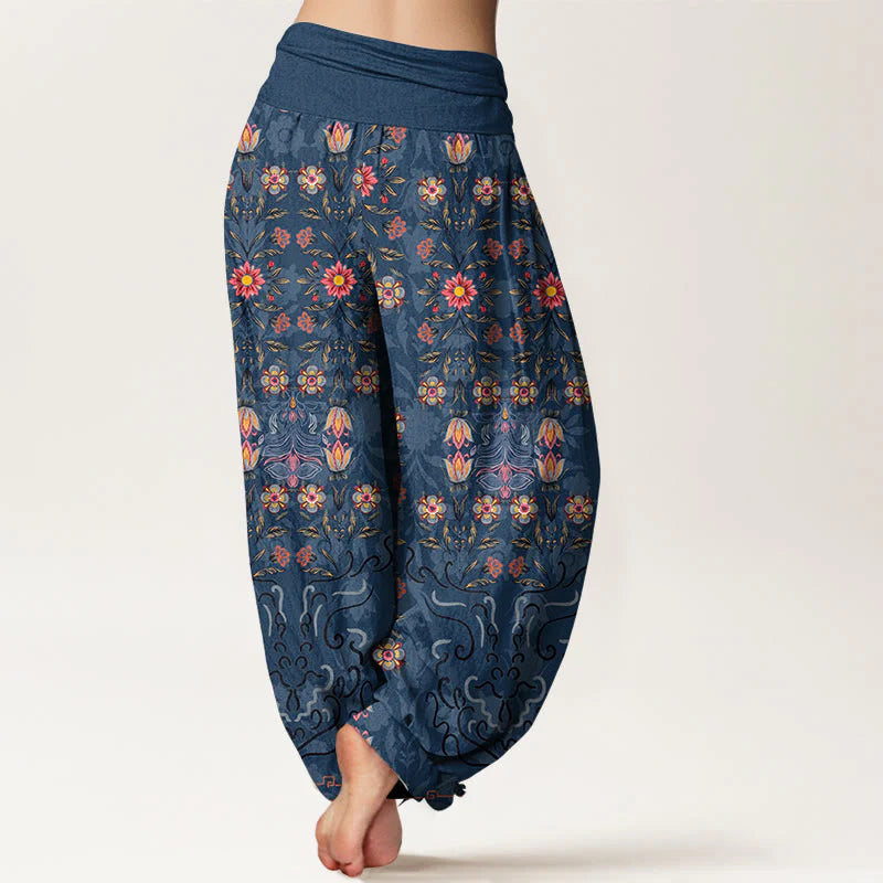 Buddha Stones Pure Cotton Blooming Multicolored Floral Women's Elastic Waist Harem Pants
