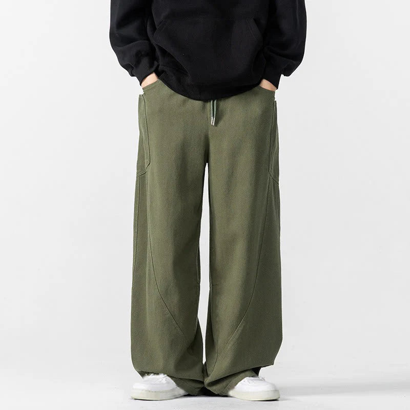 Buddha Stones Fall Pure Color Men's Wide Leg Cotton Drawstring Pants With Pockets