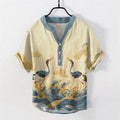 Buddha Stones Cotton Crane Wave Emblem Men's Short Sleeve Half Button Shirt