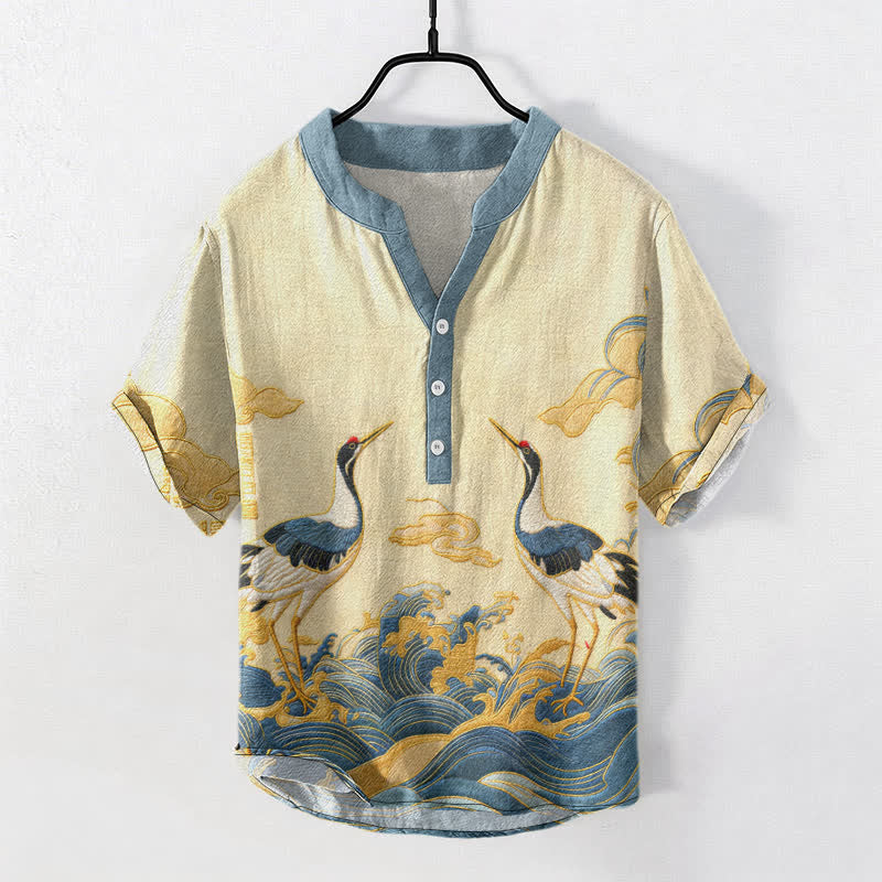 Buddha Stones Cotton Crane Wave Emblem Men's Short Sleeve Half Button Shirt