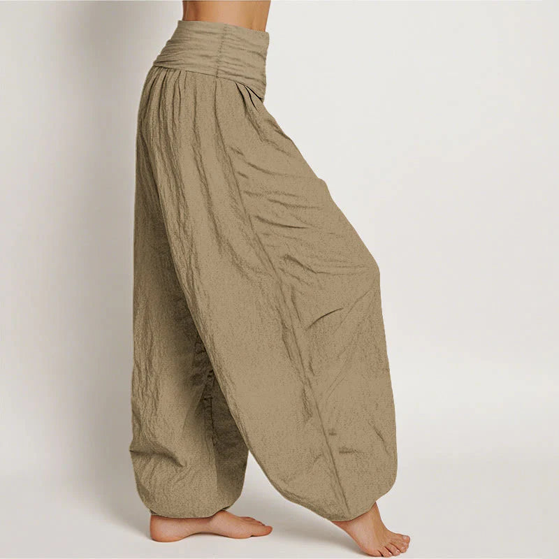 Buddha Stones Cotton Tan Solid Color Women's Elastic Waist Harem Pants