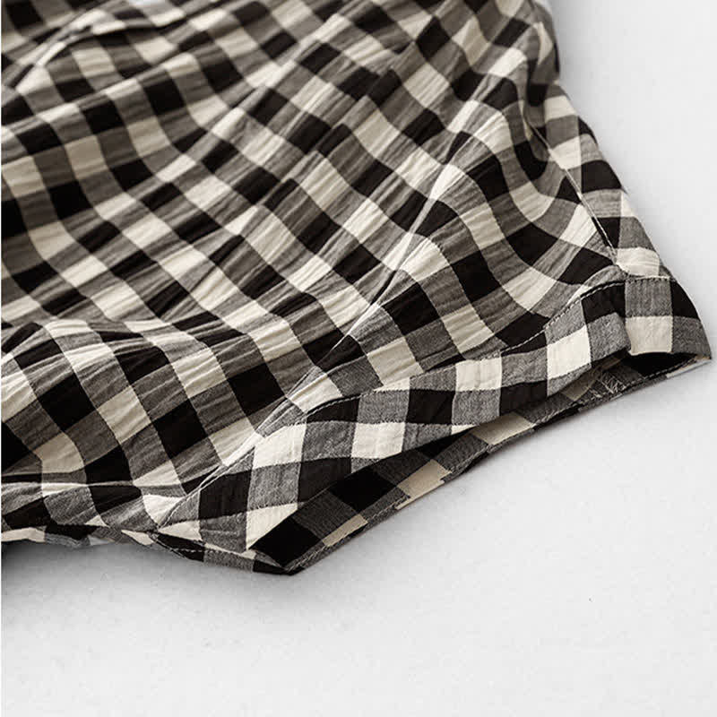 Buddha Stones Spring Gingham Knee Length Women's Short Sleeve Dress With Tie Waist Chiffon Hem