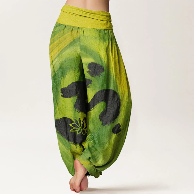 Buddha Stones Cotton OM Symbol Lotus Flower Pattern Women's Elastic Waist Harem Pants