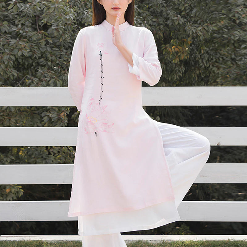 Buddha Stones 2Pcs Lotus Pattern Tai Chi Meditation Yoga Cotton Linen Clothing Top Pants Women's Set  (Extra 30% Off | USE CODE: FS30)