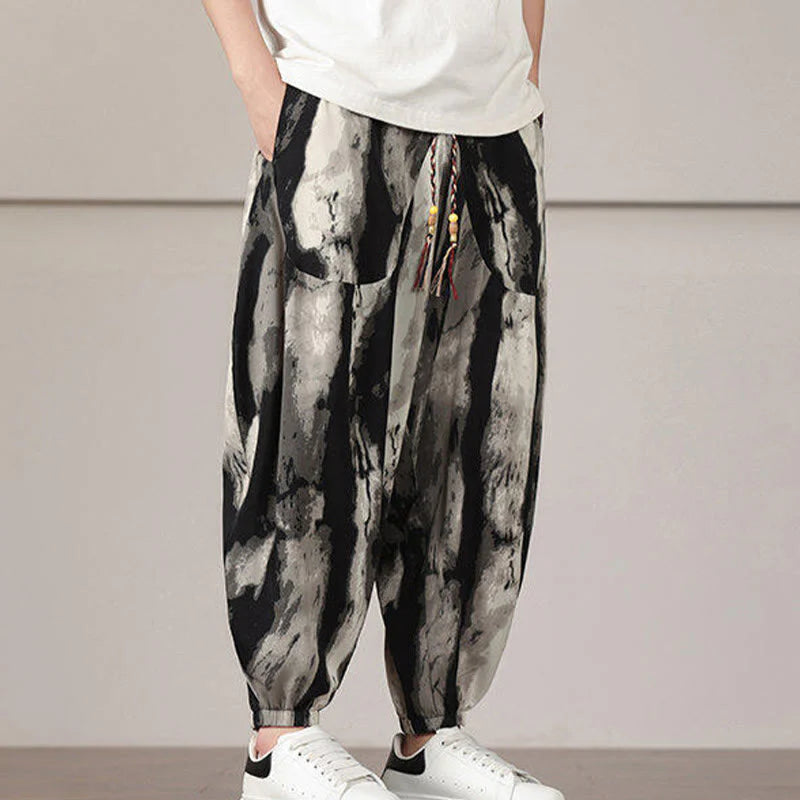 Buddha Stones Stripe Pattern Drawstring Men's Harem Pants With Pockets