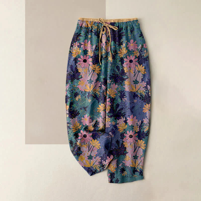Buddha Stones Colorful Floral Print Pure Cotton Women's Elastic Waist Pants With Pockets