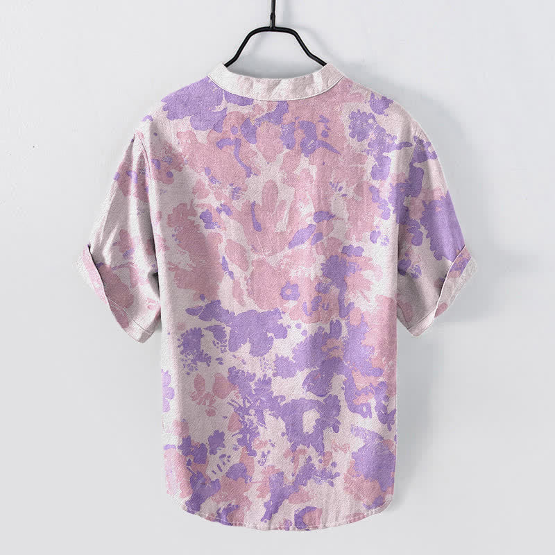 Buddha Stones Cotton Watercolor Floral Henley Men's Short Sleeve Half Button Shirt