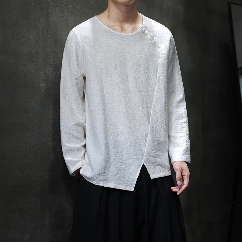 Buddha Stones Solid Color Loose Long Sleeve Round Neck Men's Shirts