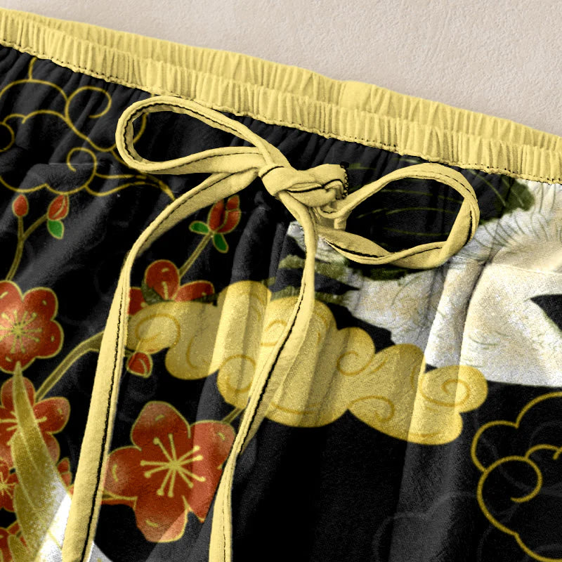Buddha Stones Cotton Casual Cranes Flowers Auspicious Clouds Pattern Women's Elastic Waist Pants With Pockets