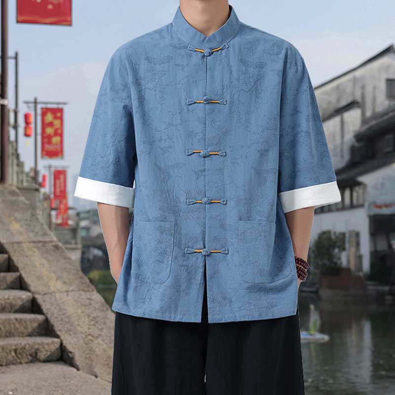 Buddha Stones Summer Crane Pine Tree Pattern Tang Suit Men's Frog-Button Half Sleeve Cotton Shirt With Pockets