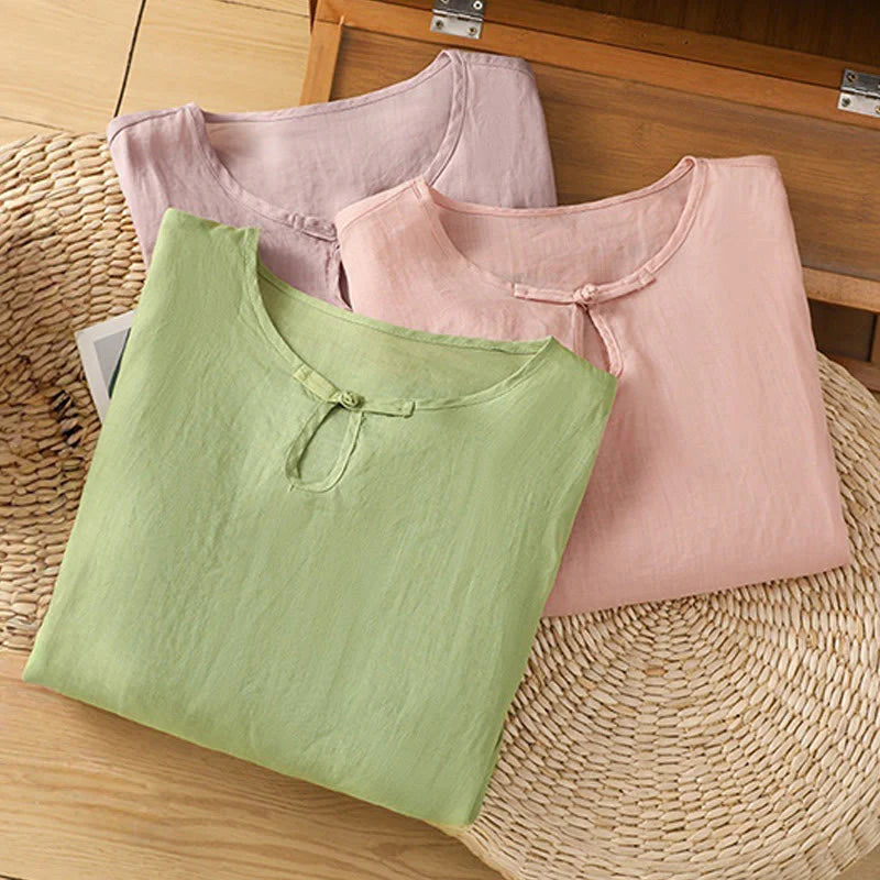 Buddha Stones Casual Floral Embroidery Crew Neck Women's Frog-Button Polyester Half Sleeve Shirt