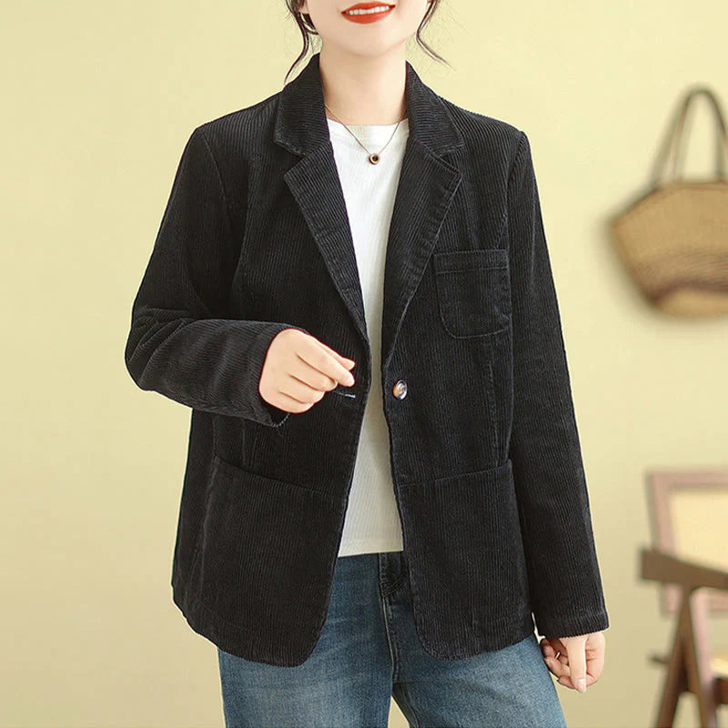 Buddha Stones Retro Plain Women's Long Sleeve Corduroy Jacket With Pockets
