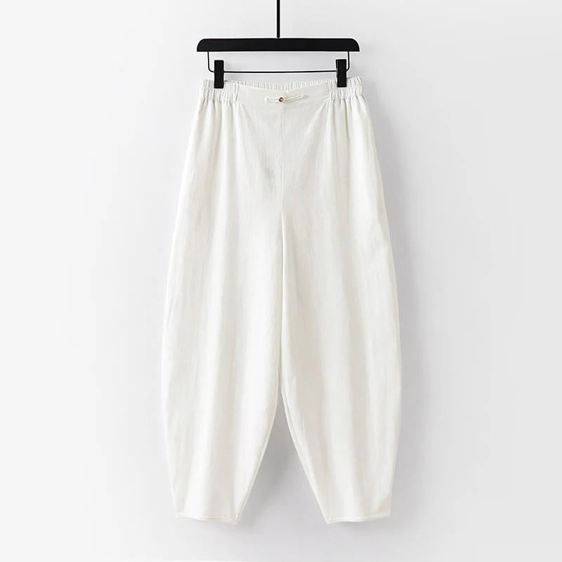 Buddha Stones Summer Plain Straight Leg Men's Cotton Linen Ankle-Length Pants With Pockets