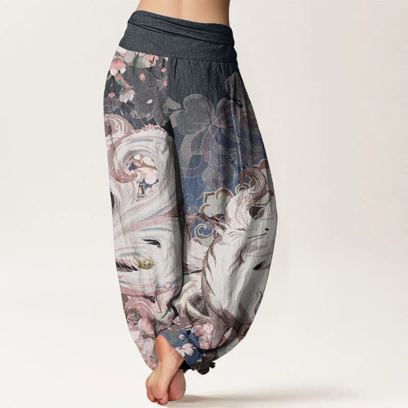 Buddha Stones Cotton Fox Cherry Blossoms Women's Elastic Waist Harem Pants