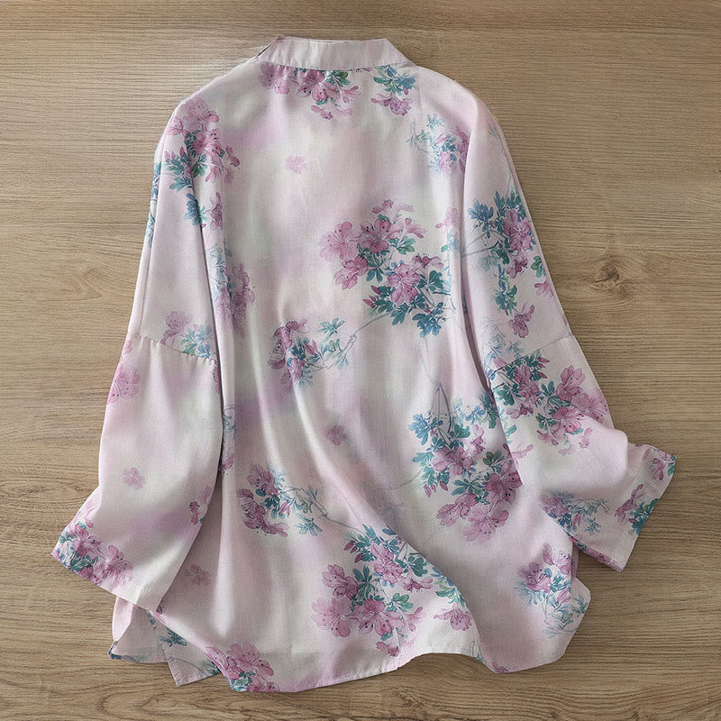 Buddha Stones Fall Purple Floral Green Leaves Print Frog-Button Stand Collar Long Sleeve Women's Cotton Shirt