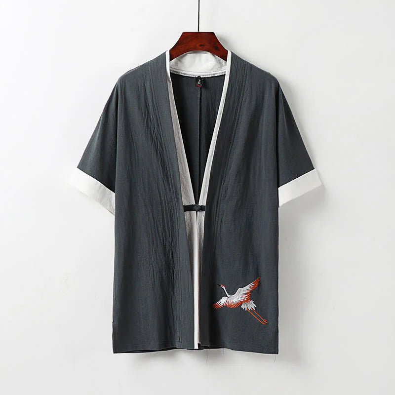 Buddha Stones Fake Two-piece Men's Half Sleeve Cardigan Embroidery Hanfu Comfort Cotton Kimono