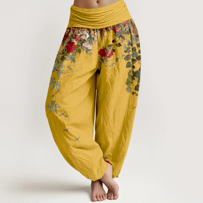 Buddha Stones Pure Cotton Colourful Flower Leaves Patterns Women's Elastic Waist Harem Pants