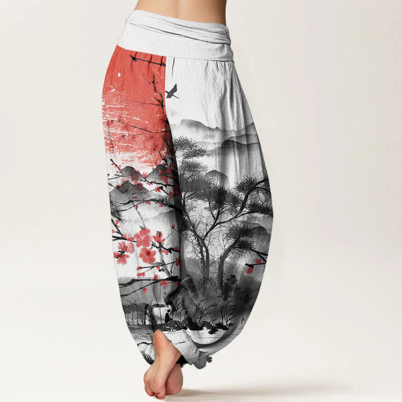 Buddha Stones Cotton Casual Red Plum Blossom Mountains Sun Pattern Women's Elastic Waist Harem Pants