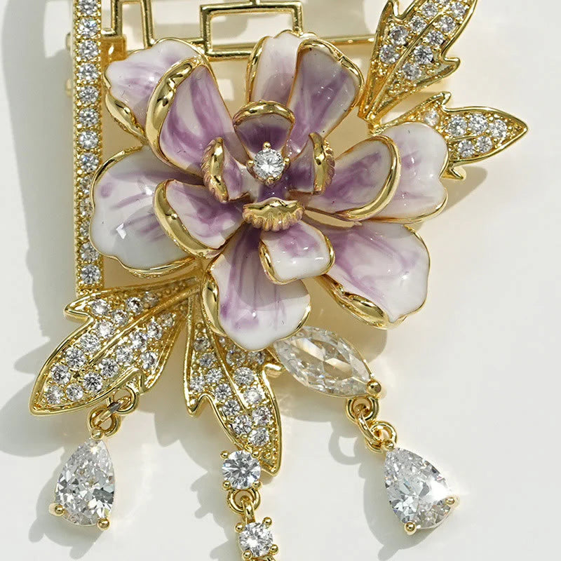 Buddha Stones Chinese-style Window Purple Peony Flower Tassel Copper Brooch