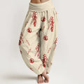 Buddha Stones Print Hand-painted Flowers Branches Pattern Women's Elastic Waist Harem Cotton Pants