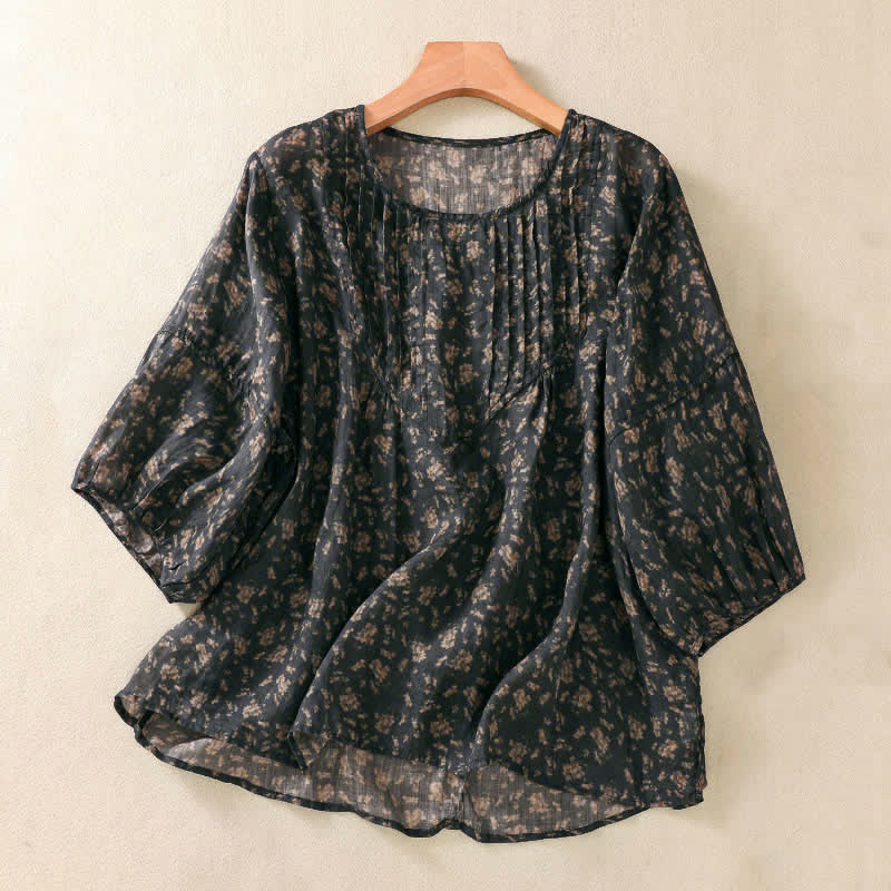 Buddha Stones Commute Floral Crew Neck Pleated Design Puff Short Sleeve Women's T-Shirt