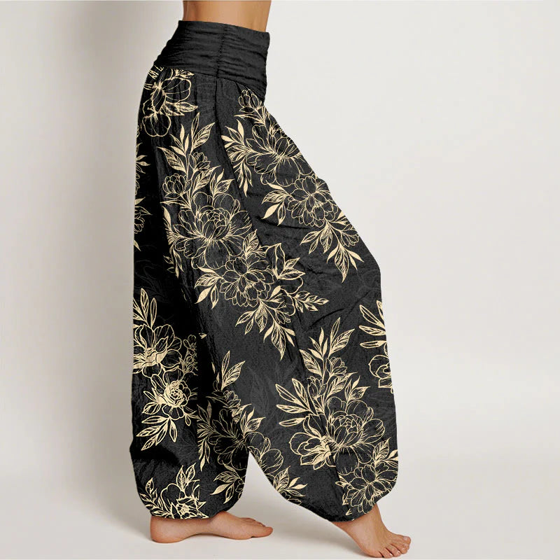 Buddha Stones Cotton Complicated Flowers Leaves Pattern Women's Elastic Waist Harem Pants