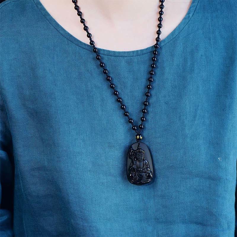 Buddha Stones Ksitigarbha Buddha Pattern Black Obsidian Fulfilment Necklace Pendant