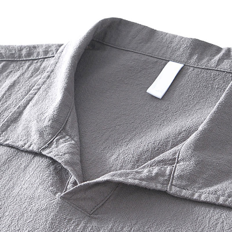 Buddha Stones Vintage Plain Simple Design Men's Short Sleeve Cotton Linen Shirt Clothing With Pockets
