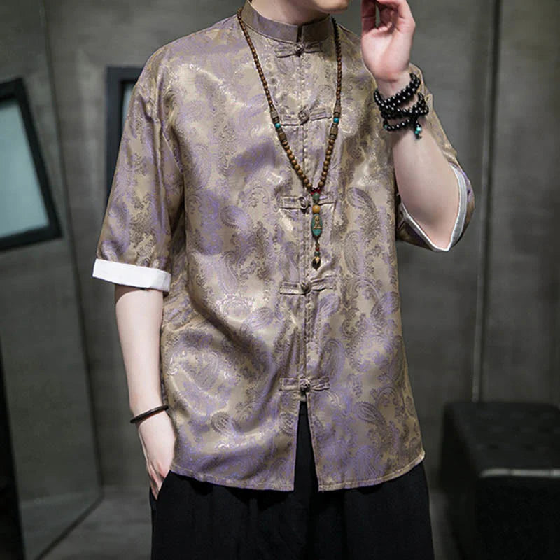 Buddha Stones Summer Cashew Flowers Pattern Men's Frog-Button Half Sleeve Shirts