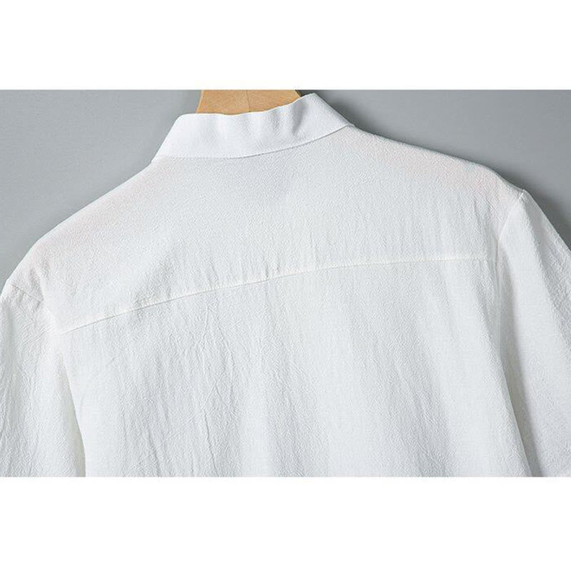 Buddha Stones Daily Printing Solid Color Single Breasted Men's Short Sleeve Cotton Linen Shirt WIth Pockets