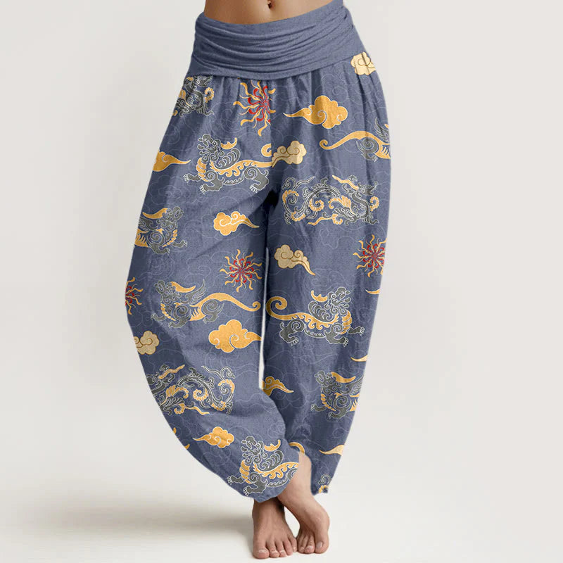 Buddha Stones Cotton Gorgeous Dragon Auspicious Beast Cloud Pattern Women's Elastic Waist Harem Pants