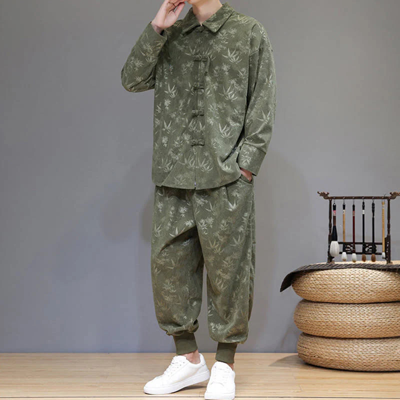 Buddha Stones 2Pcs Winter Thick Bamboo Men's Tang Suit Frog-Button Cotton Corduroy Long Sleeve Jacket Pants Set With Pockets