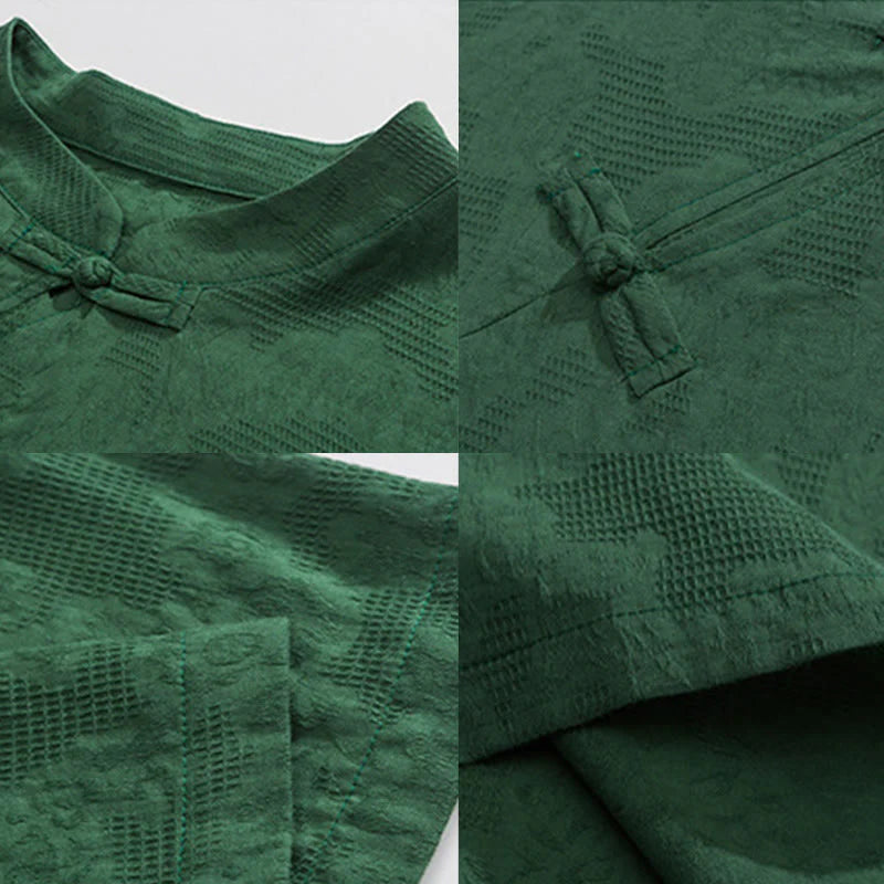 Buddha Stones Retro Pure Color Frog-Button Design Jacquard Flower Pattern Men's Short Sleeve Cotton Linen Shirt