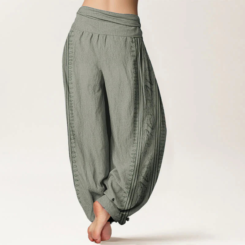 Buddha Stones Pure Cotton Dharma Wheel Lotus OM Pattern Women's Elastic Waist Harem Pants