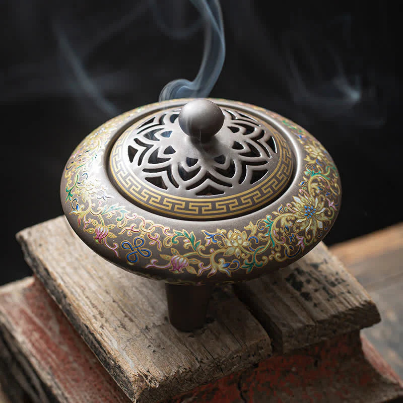 Buddha Stones Tibetan Floral Pattern Ceramic Blessing Incense Burner Decoration (Extra 35% Off | USE CODE: FS35)