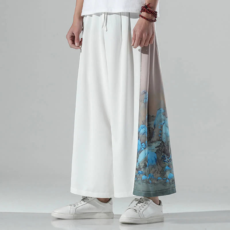 Buddha Stones Mountains Rivers Pattern Men's Wide Leg Pants With Pockets