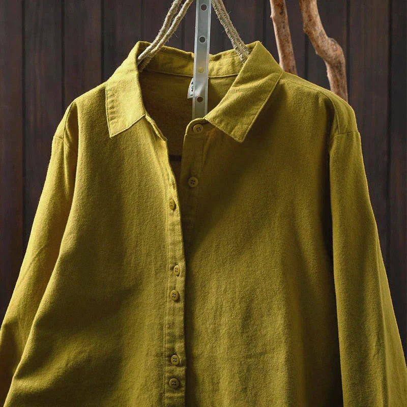 Buddha Stones Fall Solid Color Button Down Stand Collar Long Sleeve Women's Cotton Shirt