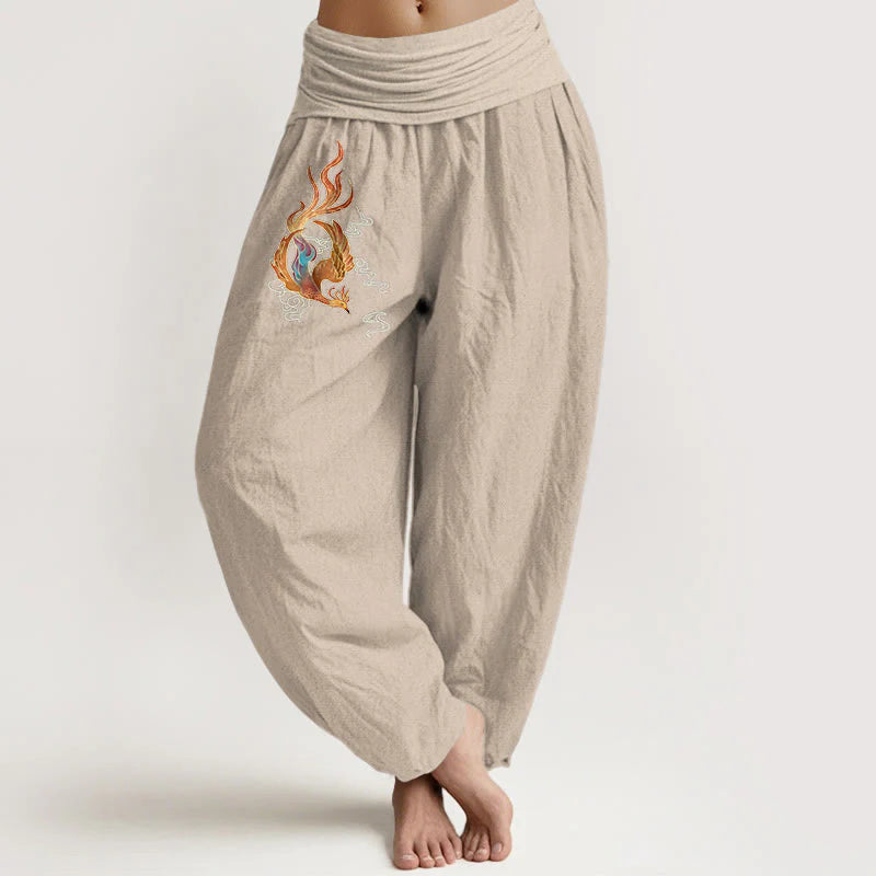 Buddha Stones Women's Pure Cotton Phoenix Auspicious Cloud Pattern Elastic Waist Harem Pants