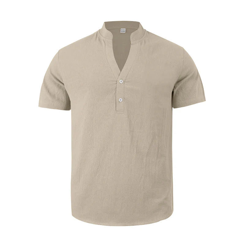 Buddha Stones Solid Summer Short Sleeve Half Buttons Linen Men's Shirt