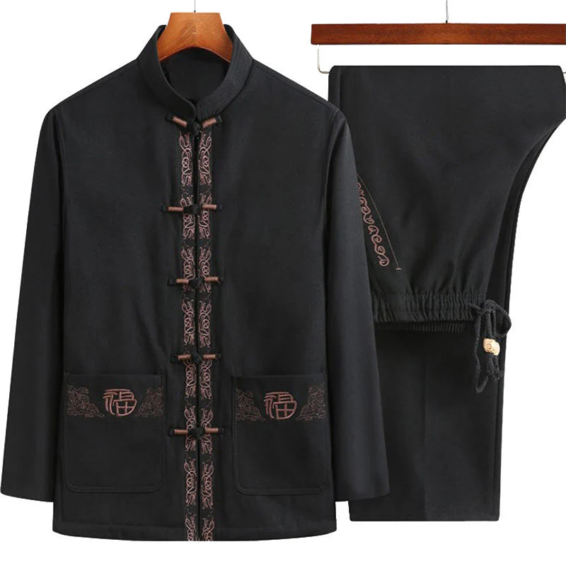 Buddha Stones Fu Character Embroidery Tang Suit Frog-Button Men's Long Sleeve Jacket Shirt Pants