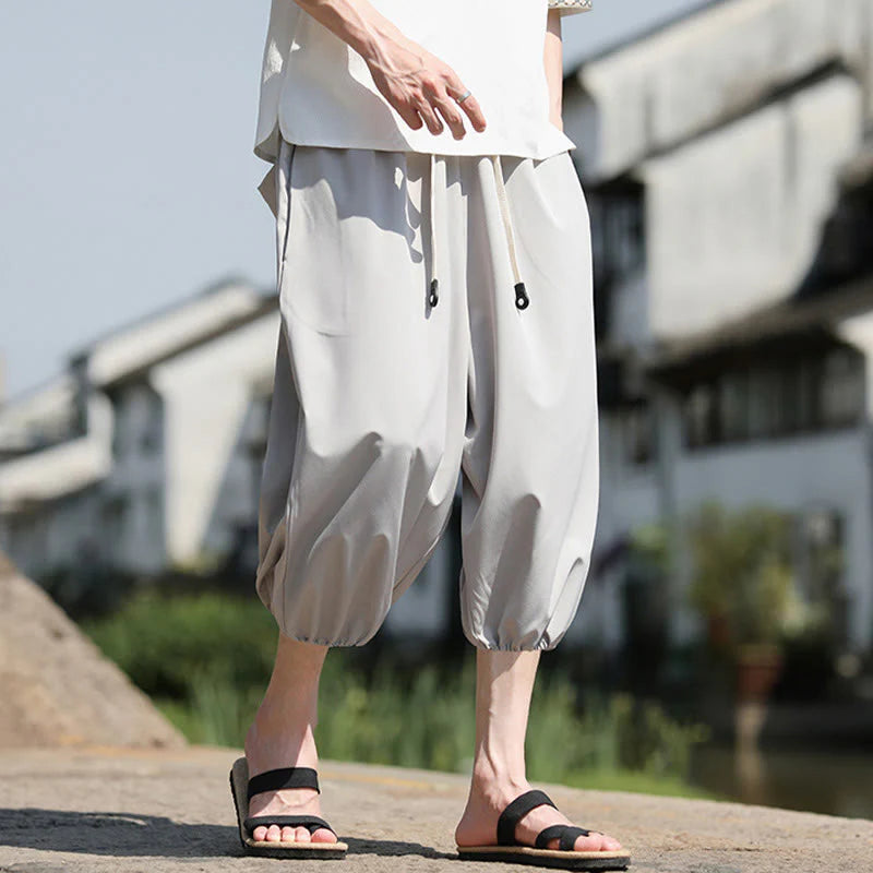 Buddha Stones Solid Drawstring Men's Capri Cropped Harem Pants With Pockets