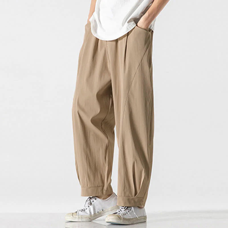 Buddha Stones Summer Solid Drawstring Ankle-Length Men's Cargo Harem Pants With Pockets
