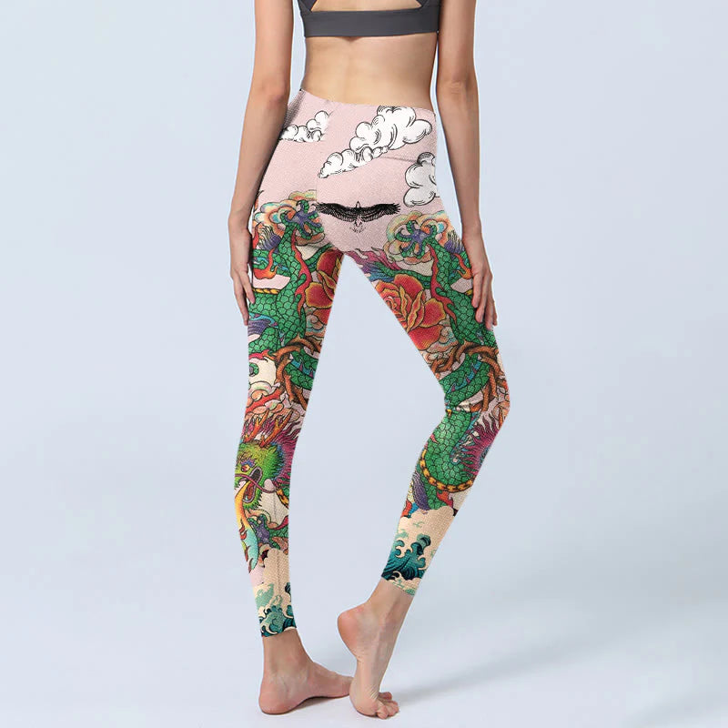 Buddha Stones Dragon Rose Eagle Waves Auspicious Clouds Pattern Gym Leggings Women's Yoga Pants