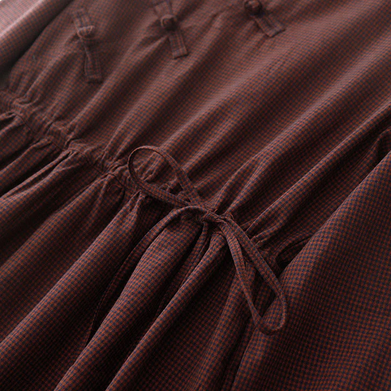 Buddha Stones Fall Brown Plaid Stand Collar Frog-Button Design Long Sleeve Midi Dress With Pockets