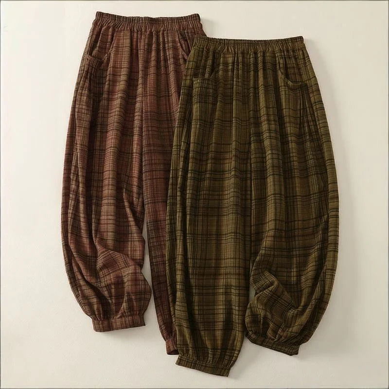 Buddha Stones Spring Plaid Design Women's Harem 7-8 Length Pants With Pockets